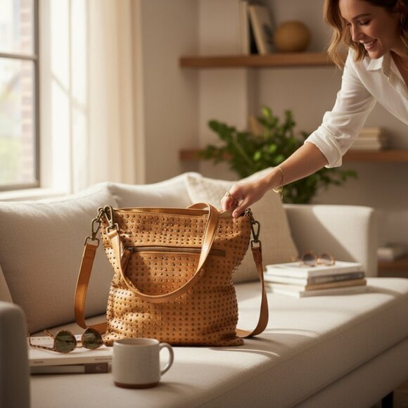 Platania Made In Italy Studded Leather Light Cognac Cross Body Shoulder … - Picture 1 of 11